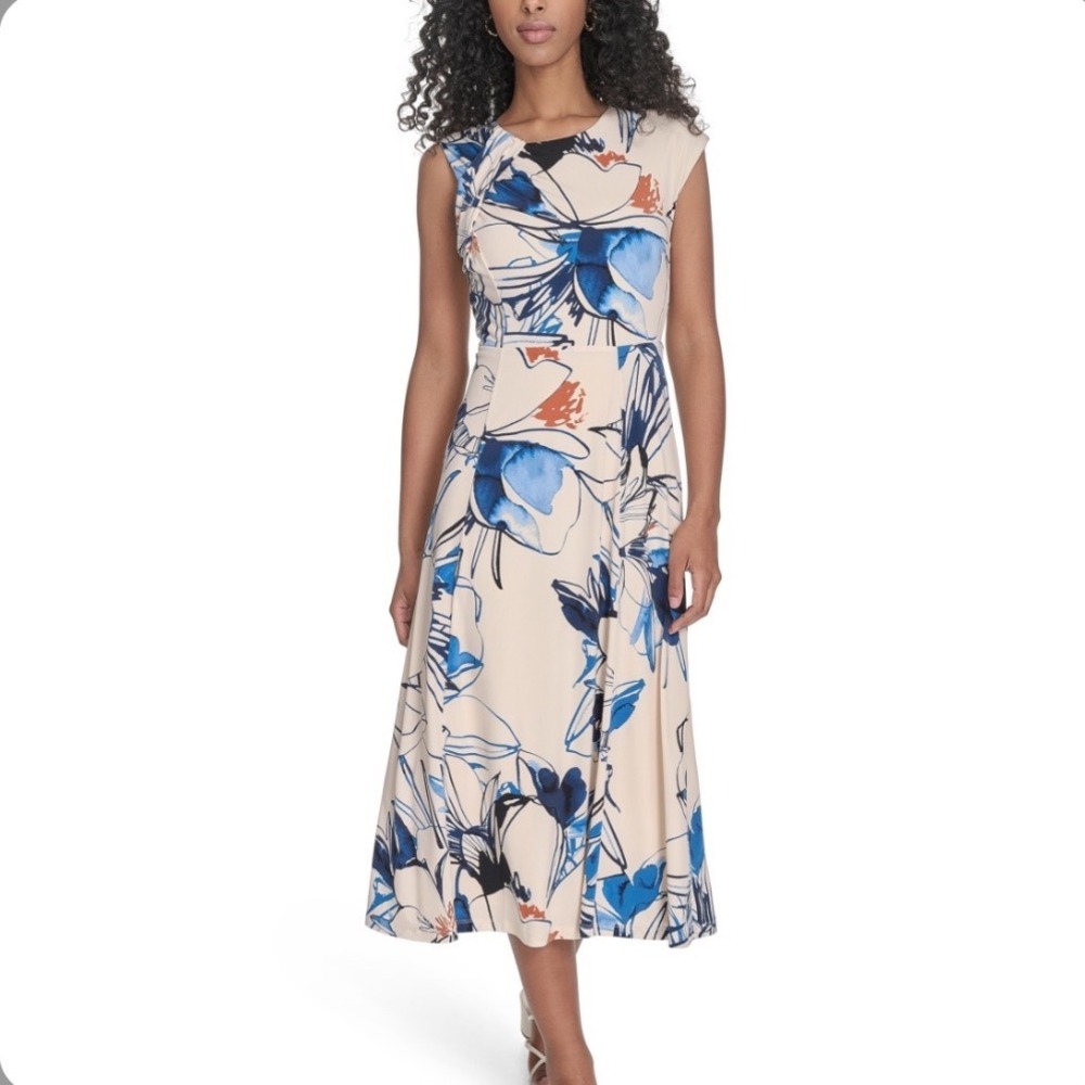 Calvin Klein Midi Dress Women 20W NWT Floral Blue Sleeveless Fit Flare MSRP $139